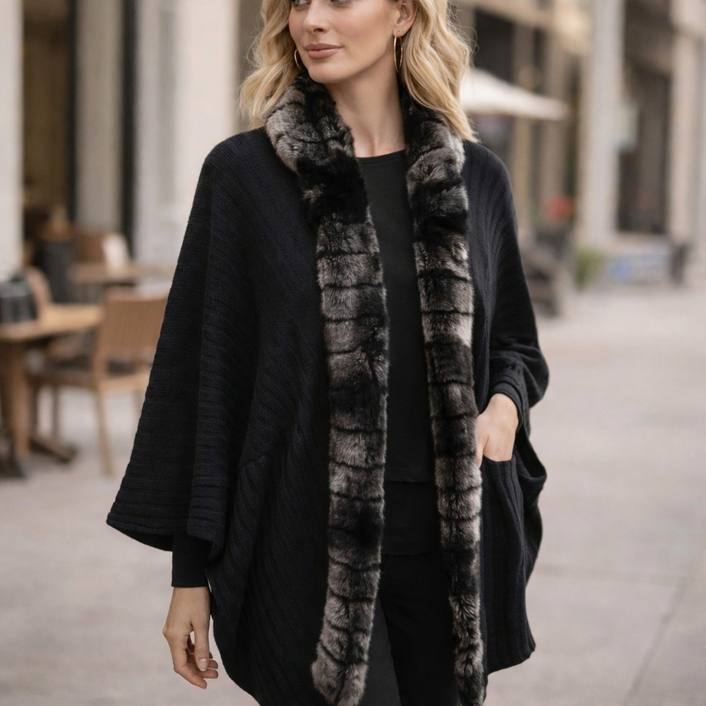 Ming Wang Knit Cardigan L Black Faux Fur Trim‎ Cape Poncho Dolman Sleeve